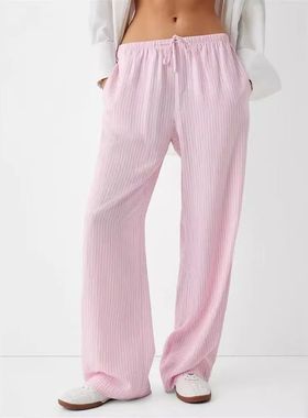 Elastic waist striped casual pants for women松紧腰条纹休闲裤