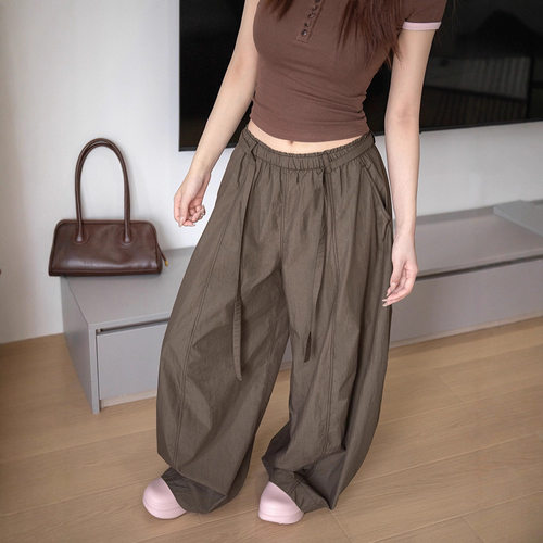 女式木耳边压褶阔腿休闲裤不易变
