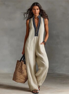 立领无袖连身裤女 Women's Stand-Up Collar Sleeveless Bodysuit