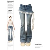 patchwork 假两件蕾丝拼接高腰微喇牛仔裤 jeans two lace 女 Fake