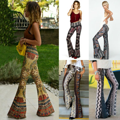 Waist Loose Wide Leg Flared Bell Bottom Flroal Long Pants