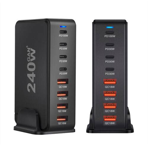 240W GaN Charger Desktop 8-Port USB Charger Station Quick Ch