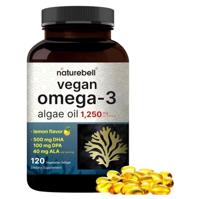 美国 NatureBell 欧米茄3藻类油补充剂含亚麻籽 DHA DPA 柠檬味