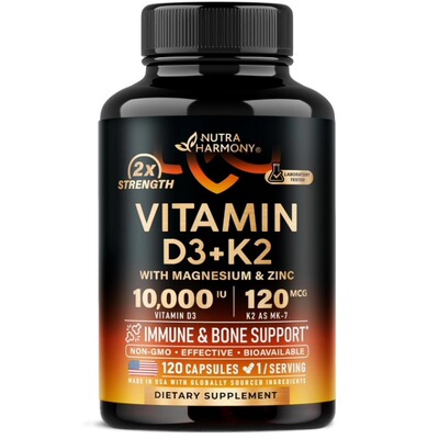 美国维生素D3 K2 维生素D3 10000 iu MK-7 120mcg免疫力含镁锌