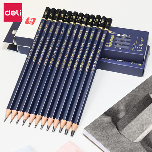 得力文具素描铅笔六角炭笔初学者速写HB2B2H3B4B5B6B8B碳笔软中硬绘图2比铅笔美术生专用无害无毒绘画画工具