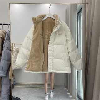 2022年冬季新款韩国加厚两面穿羽绒服男女情侣短款宽松羊羔毛外套