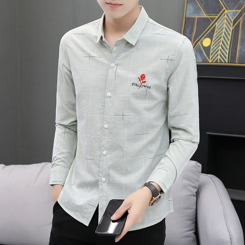 男士长袖衬衫韩版潮流个性刺绣花图案格子衬衣秋季休闲百搭上衣服