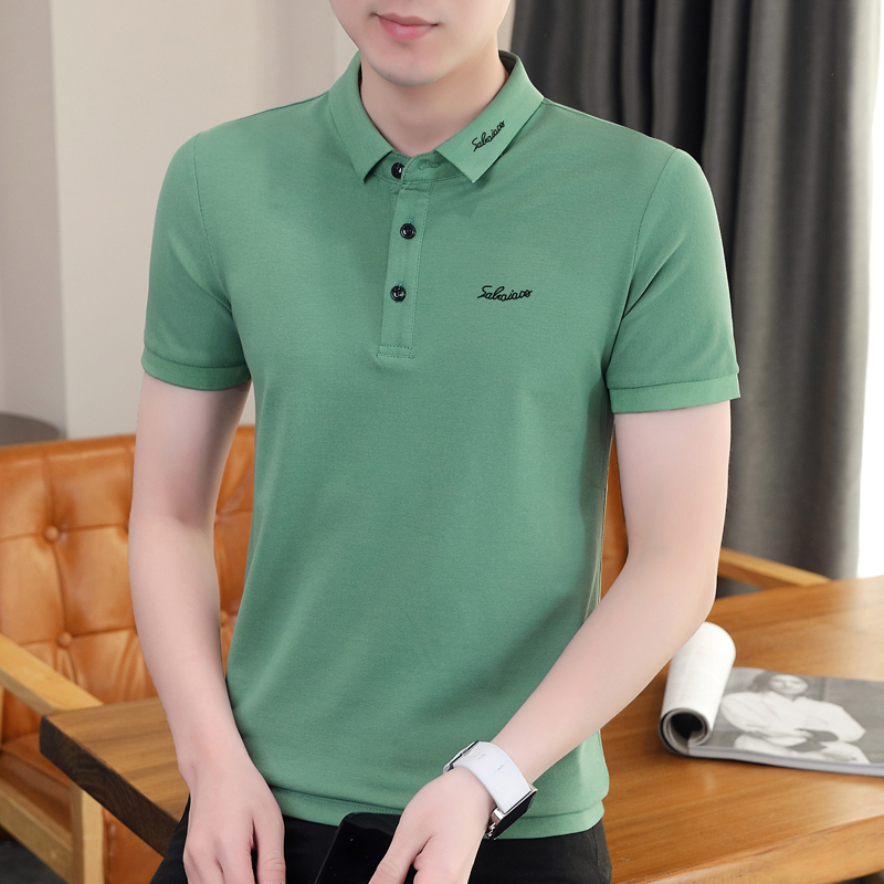 夏季男士短袖t恤韩版修身休闲帅气百搭上衣服有带领青年修身丅桖