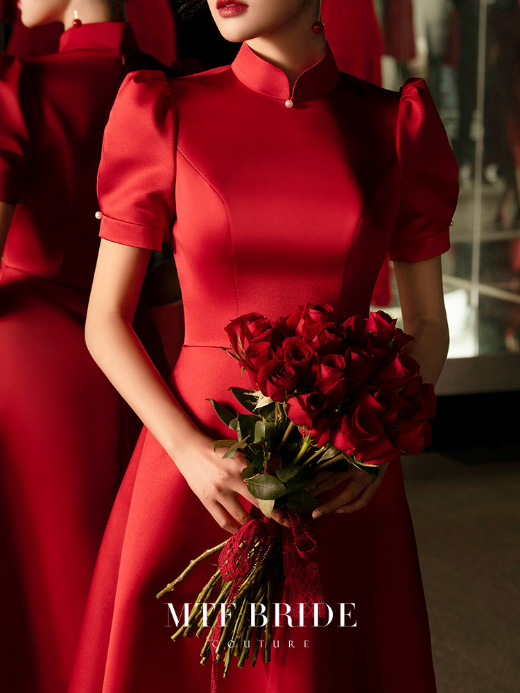 Man Tingfang (all drunk)toast dress cheongsam 2021 new bridal red engagement dress female summer short section