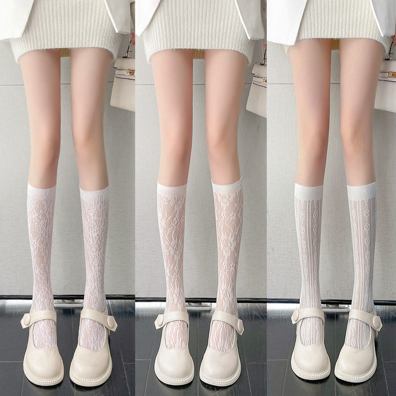 白色蕾丝小腿袜女性感花藤丝袜夏季薄款镂空网眼洛丽塔长筒袜