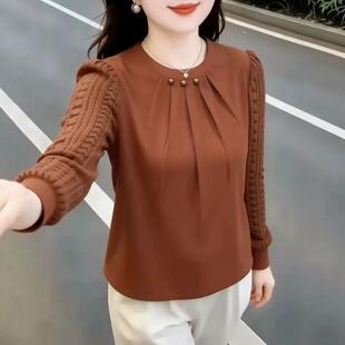 圆领褶皱设计甜美蕾丝T恤秋季新款中老年大码女装妈妈减龄上衣潮