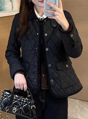 复古黑色菱格绗缝翻领棉服外套