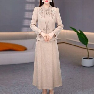 高端国风长袖两件套连衣裙女2026年春秋新款妈妈气质显瘦套装裙子