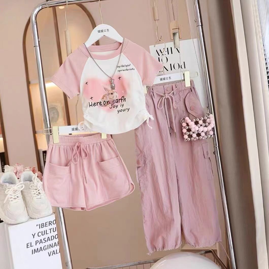 여자 유행 멋진 정장 여름 어린이 작업복 2024 새로운 반팔 스포츠 여자 유행 중형 및 대형 아동복