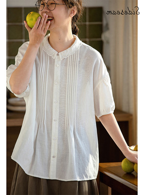 法式天丝亚麻花边白色短袖衬衫女夏款设计感小众宽松显瘦气质上衣