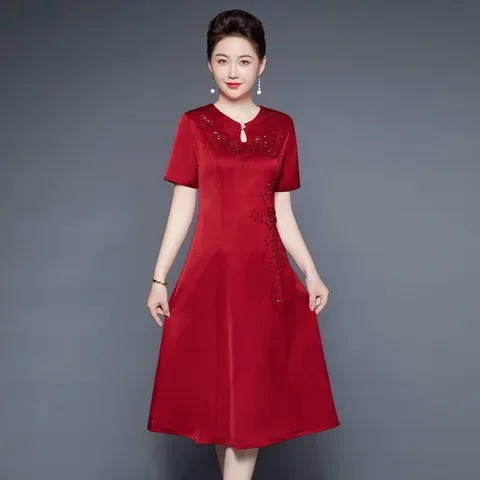 连衣裙礼服喜婆婆面料新款醋酸婚礼气质2023婚宴装妈妈女大码