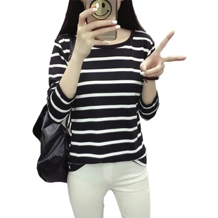 秋季 T恤一件宽松大码 2019新款 批长袖 条纹打底衫 女装