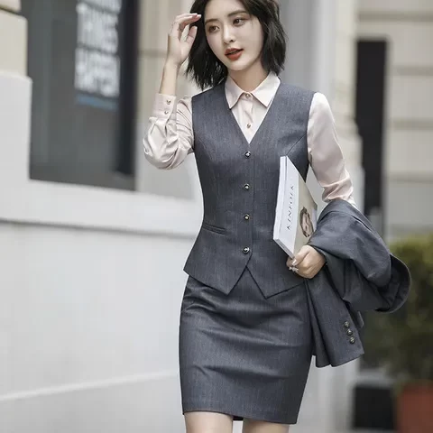 职业套装灰色工作服酒店西装长袖条纹马甲新款秋冬女正装2022面试