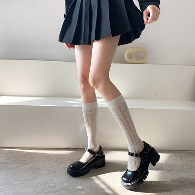 夏季白色蕾丝长袜子女ins潮薄款日系推推袜JK爱心镂空丝袜小腿袜