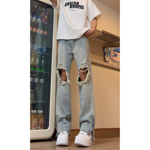 美式高街破洞裤子男夏季复古直筒牛仔裤设计小众长裤男DY264-P65图片
