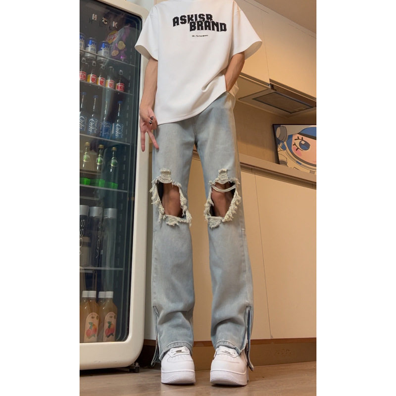 美式高街破洞裤子男夏季复古直筒牛仔裤设计小众长裤男DY264-P65,男装牛仔裤,星座808A-1