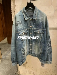 【巴黎重工】现货23FW男女同款涂鸦手绘脏污做旧廓形牛仔夹克外套