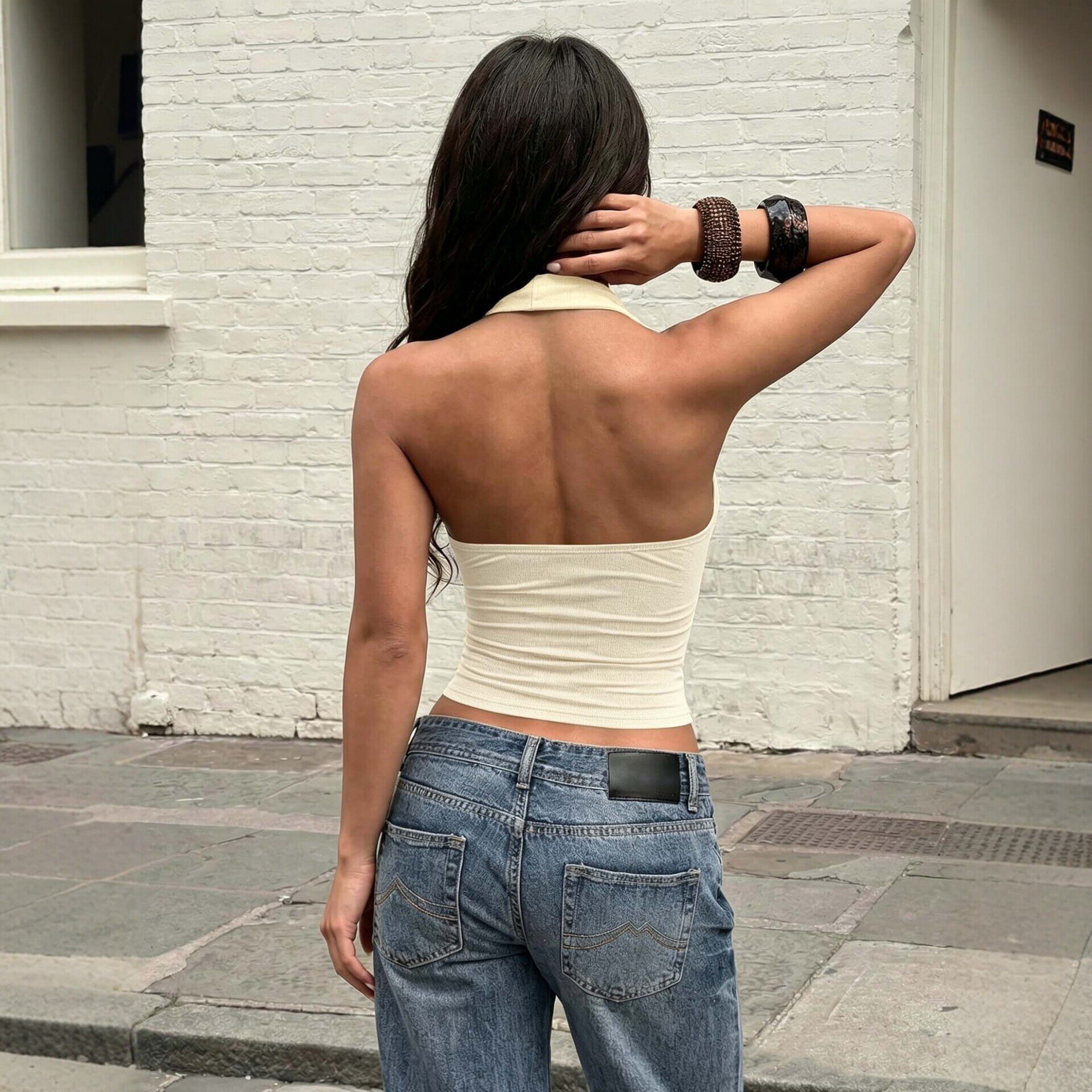 跨境欧美肌理感半高领挂脖背心女 收腰显瘦露背短款辣妹上衣