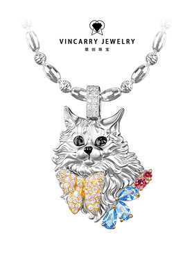 VINCARRY维创珠宝K金猫咪蝴蝶吊坠项链镶钻彩色宝石私人定制