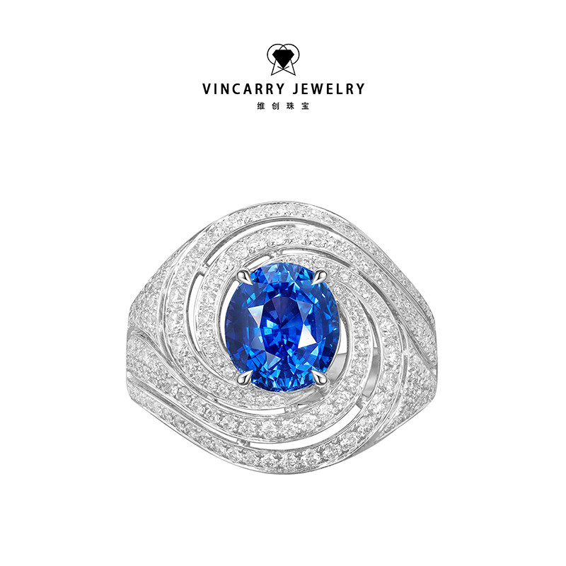 VINCARRY维创珠宝18K金蓝宝石戒指满钻重工镶嵌时尚个性定制人造