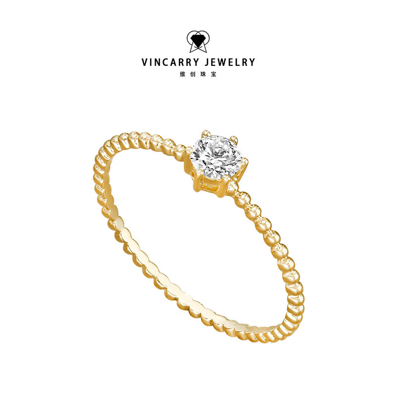 VinCarry18K金精工镶钻戒指女黄金色细闪钻石戒指时尚小众设计感
