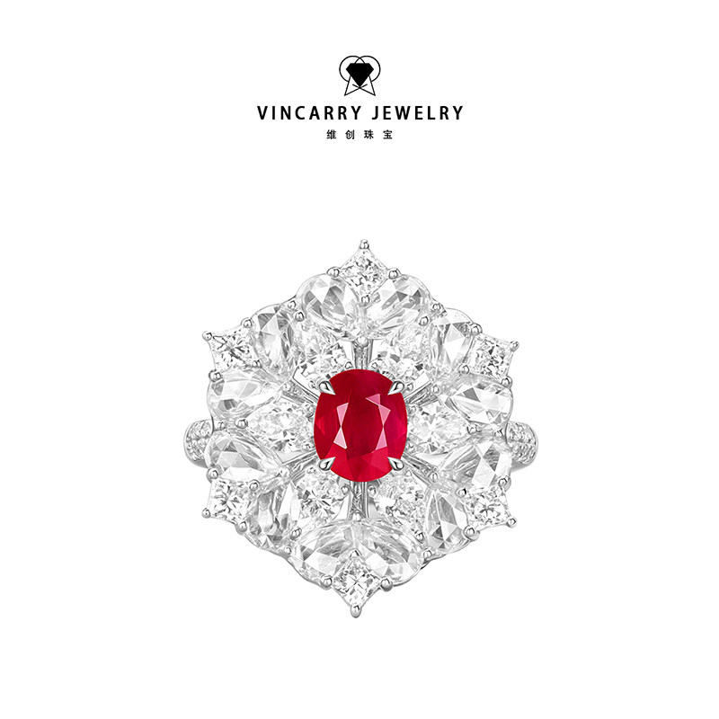 VINCARRY维创珠宝红宝石钻石K金戒指设计师款雪花镶嵌定制