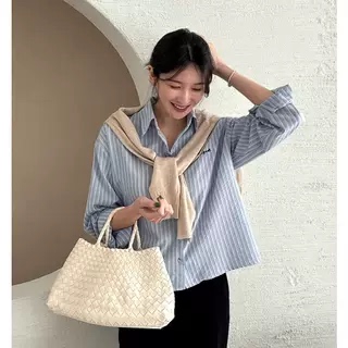 stylenanda春季新款韩国代购流行百搭舒适长袖显瘦条纹POLO领衬衫