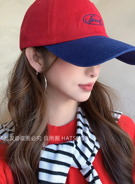 美式复古红蓝拼色棒球帽女刺绣字母软顶鸭舌帽显脸小百搭潮