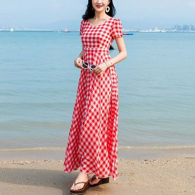 2025流行夏季新款韩版收腰显瘦夏天裙子格子雪纺连衣裙女长款长裙