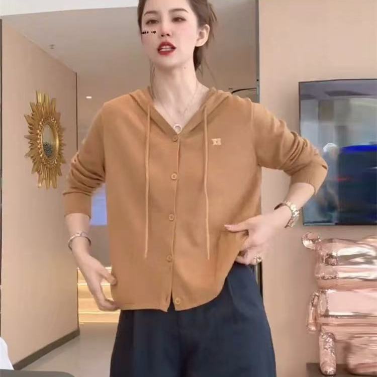 2025早秋新品长袖连帽开衫针织衫时尚气质休闲纯色宽松松弛感上衣