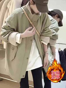 拼接羊羔毛中长上衣棉袄 新款 韩版 加绒派克服风衣加厚外套2025冬季