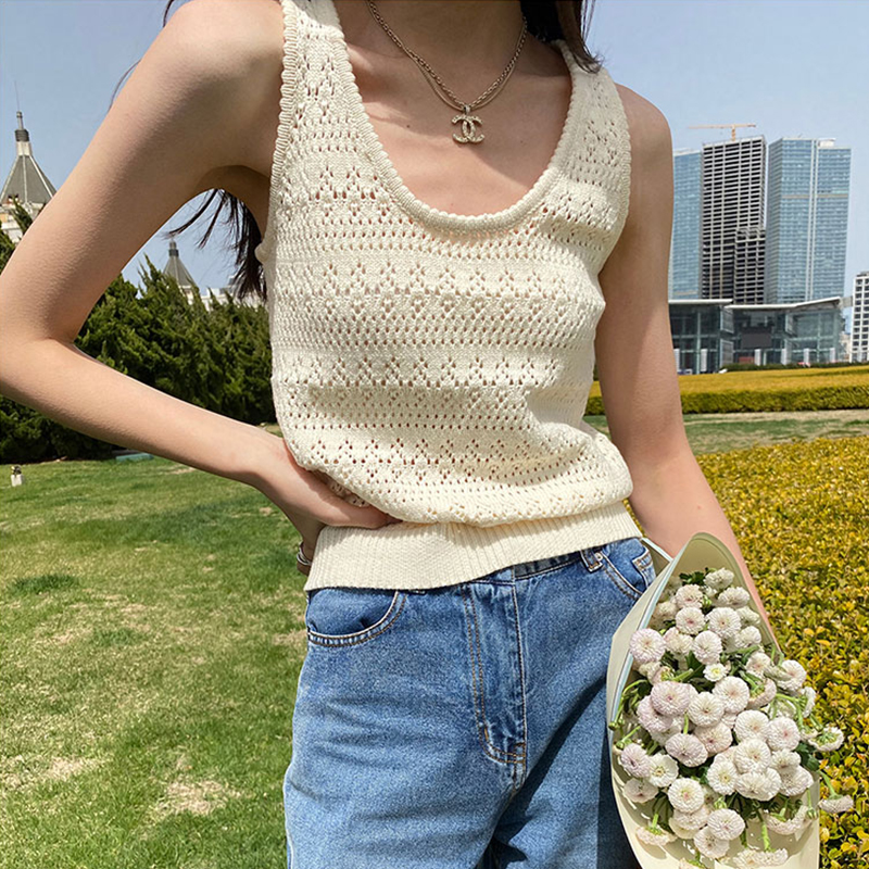 复古夏季新款针织衫U领背心女设计感小众镂空无袖上衣内搭打底衫