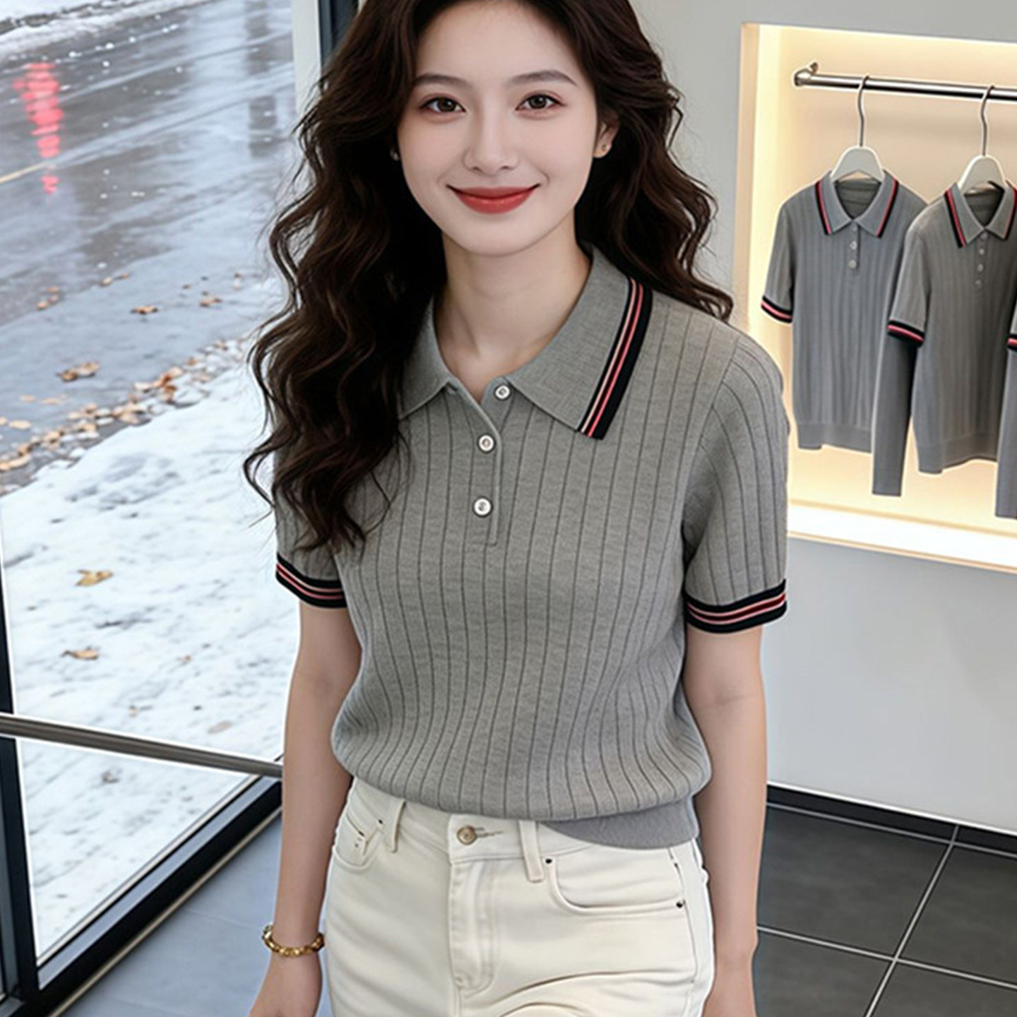polo领时尚针织衫撞色洋气短袖t恤女新款修身显瘦遮肉百搭上衣夏