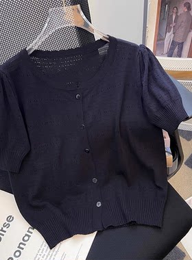 黑色冰丝针织开衫泡泡袖T恤女