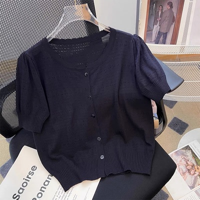 黑色冰丝针织开衫泡泡袖T恤女