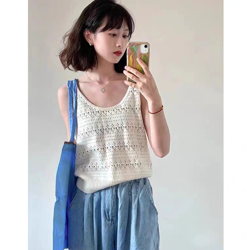 夏季镂空薄款棉线针织背心女休闲外穿内搭打底衫U领吊带无袖上衣