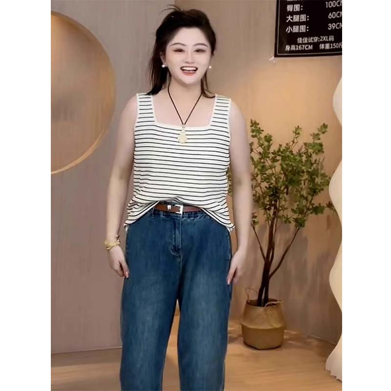 大码女装黑白条纹针织吊带背心秋季新款遮肉显瘦内搭打底无袖上衣