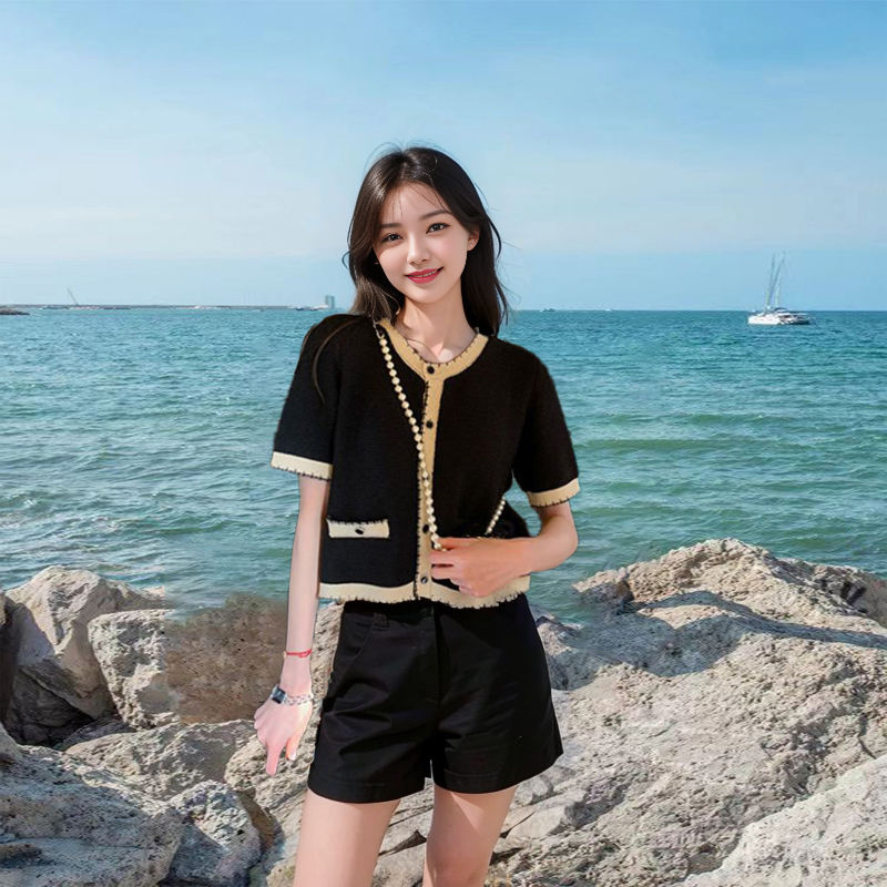 黑色圆领撞色针织衫女夏季新款外搭短款正肩薄款外套百搭t恤上衣