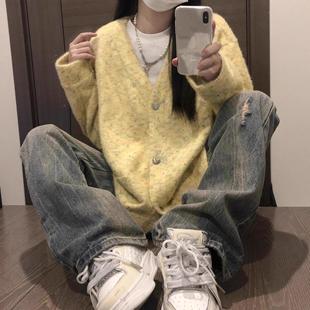 慵懒麂彩球开衫 高级感毛衣 外套女街头潮牌宽松休闲V领上衣针织衫