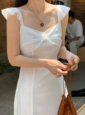 DearWednesday25夏新款法式蝴蝶结飞袖连衣裙气质收腰中长款裙子