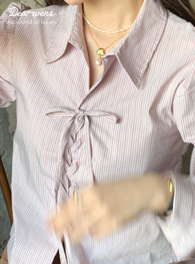 Dear wednesday法式复古宫廷风甜美少女纯色条纹交叉绑带长袖衬衫