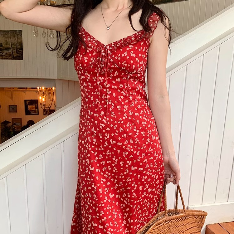 DearWednesday法式碎花裙海边长裙海岛度假吊带红色连衣裙女夏季