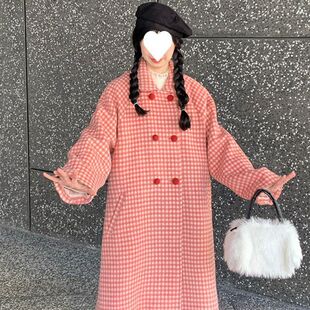 可爱学院风红色格纹毛呢外套女2025新款秋冬中长款娃娃领呢子大衣