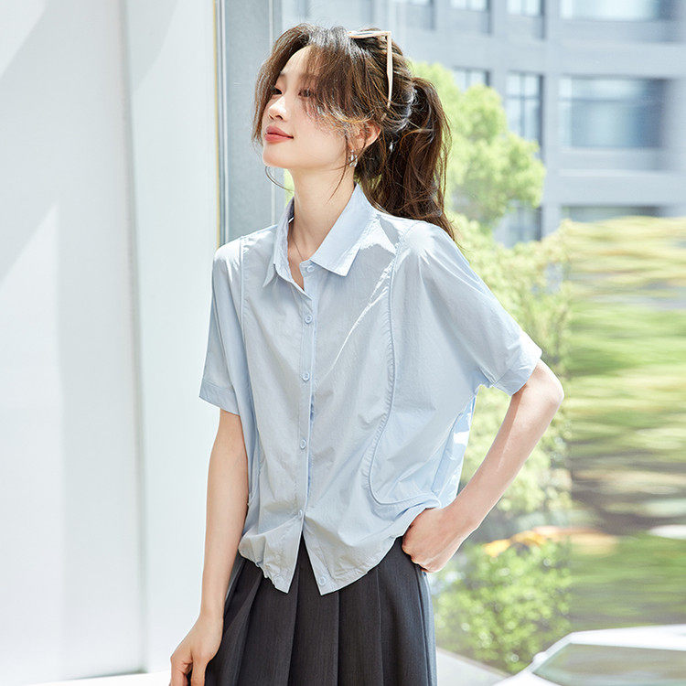 翻领侧边压线浅蓝衬衣女2026夏棉宽松亲肤透气休闲短袖上衣