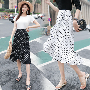 RM7346#夏季波点印花半身裙百搭一片式系带裹裙中长款鱼尾裙